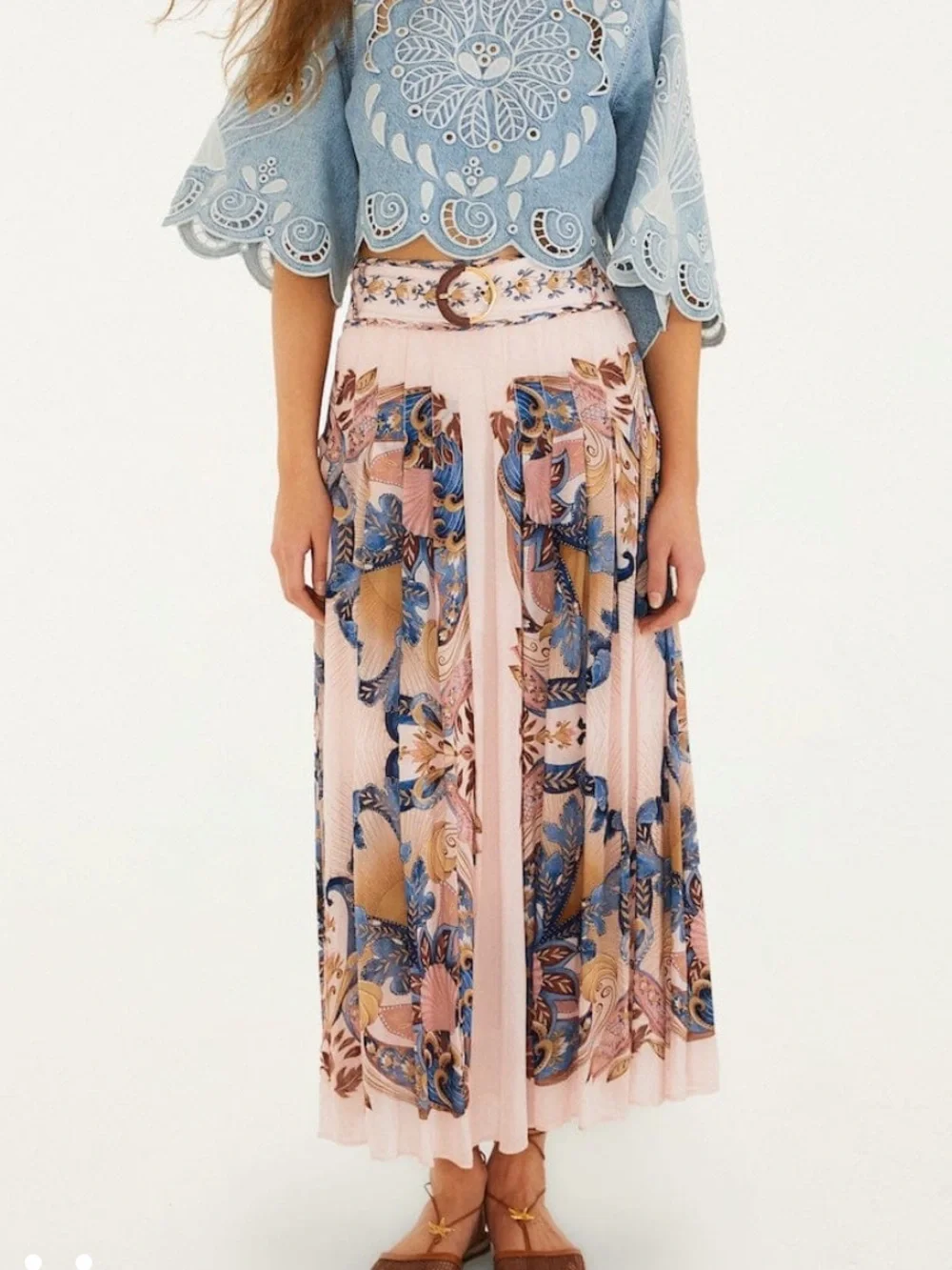 FARM Rio Soft Sea Pink Garden Scarf Pleated Maxi Skirt NWT - Picture 1 of 5